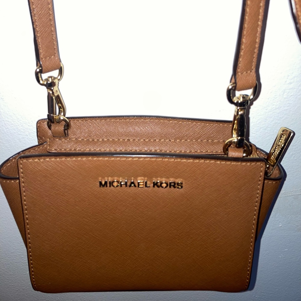 Michael Kors Tan Leather Mini Selma Crossbody Bag